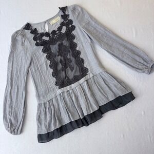 A'reve Grey Crochet Lace Peplum Blouse Long Sleeve Boho Top Small